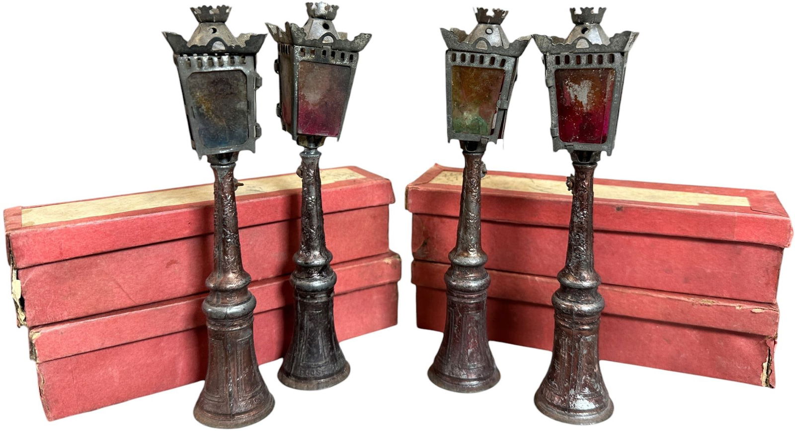 EARLY BOXED FRENCH OIL STREET LAMPS: 167. EARLY BOXED FRENCH OIL STREET LAMPS | 6" h. | Boxes have some split seams, overall (Excellent Condition) for age. | $200 - $400