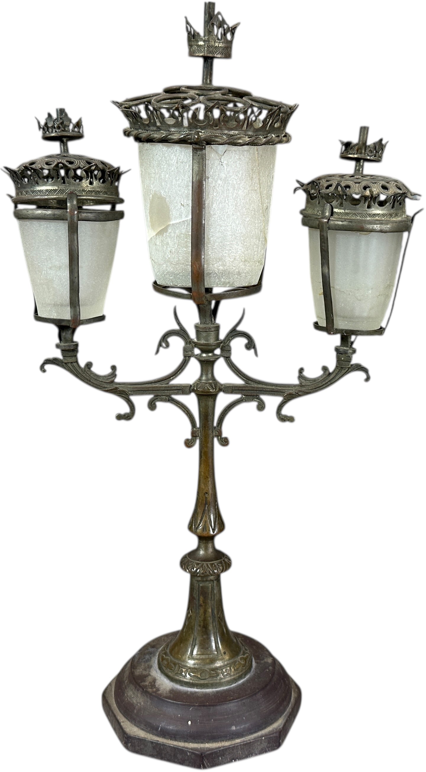 ATTRACTIVE BRONZE CIGAR HOLDER STREET LAMP: 168. ATTRACTIVE BRONZE CIGAR HOLDER STREET LAMP | 14.5" h. | Largest glass has cracking, some finial bent and missing, overall (Very Good to Excellent Condition) | $500 - $1,000