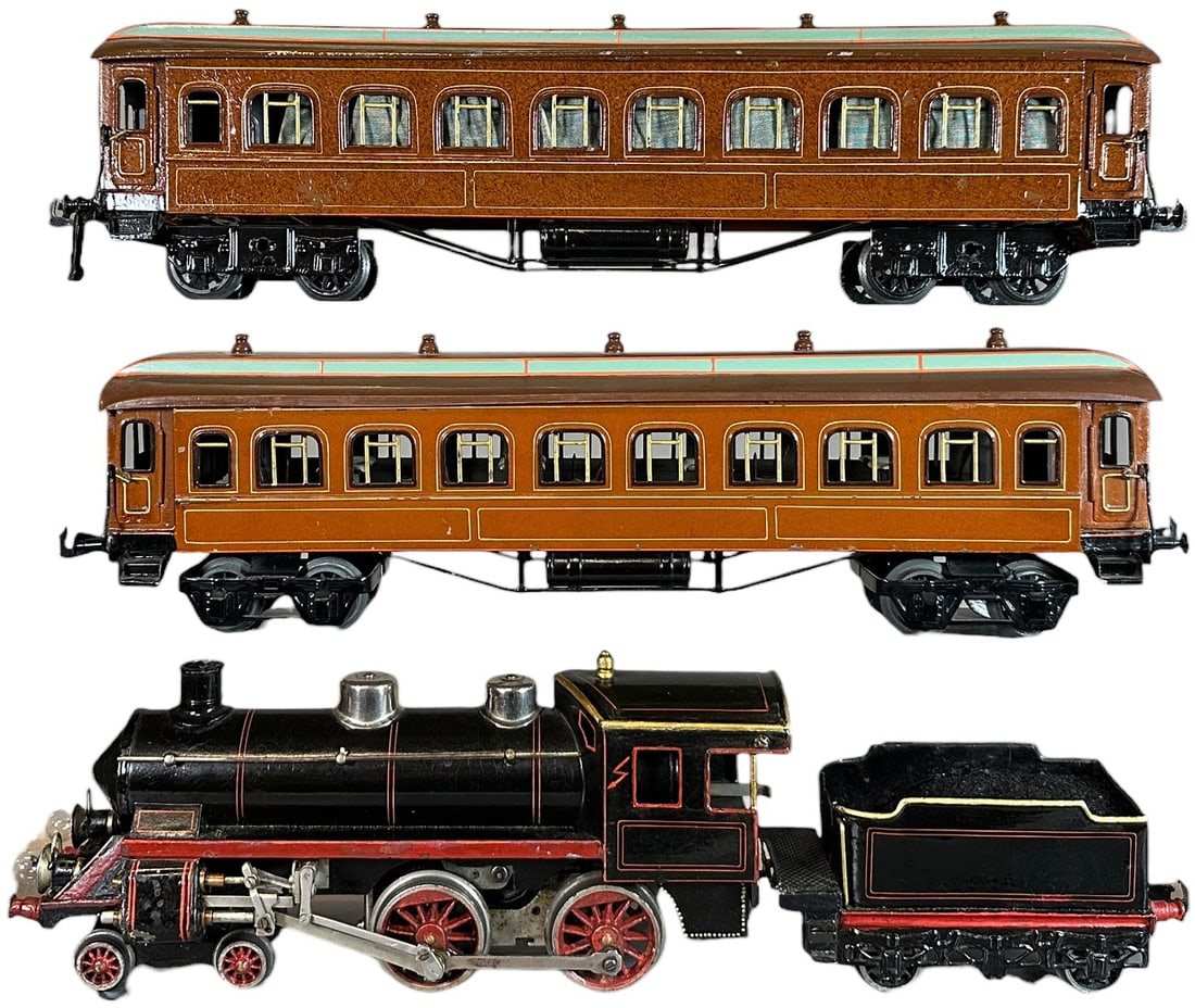 BING WINDCUTTER PASSENGER TRAIN SET: 178. BING WINDCUTTER PASSENGER TRAIN SET | Gauge 1, electric. | 12" l. loco | Some touch-up to tender, some touch-up to one car, (Excellent Condition) | $300 - $600