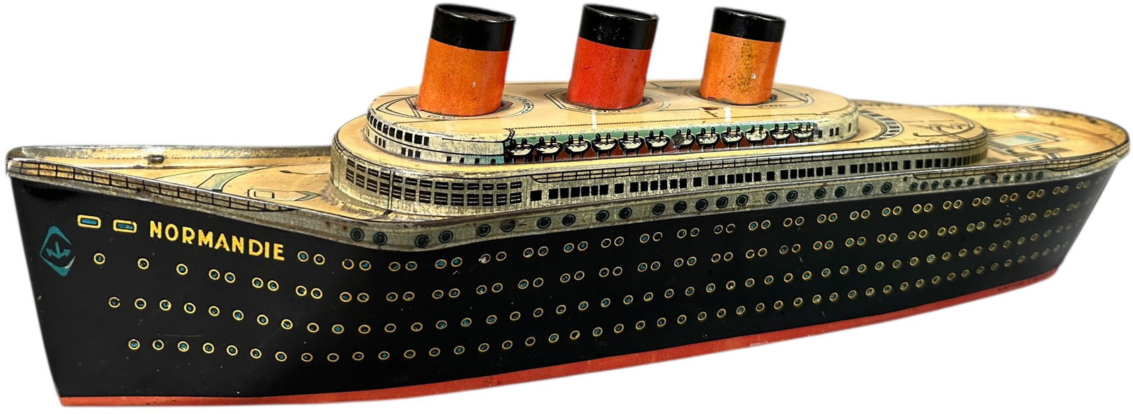 NORMANDIE OCEAN LINER BISCUIT TIN: 189. NORMANDIE OCEAN LINER BISCUIT TIN | England, William Crawford & Son. Ex: The Tony Cuff UK Collection. | 18" l. | (Very Good to Excellent Condition) | $600 - $1,200