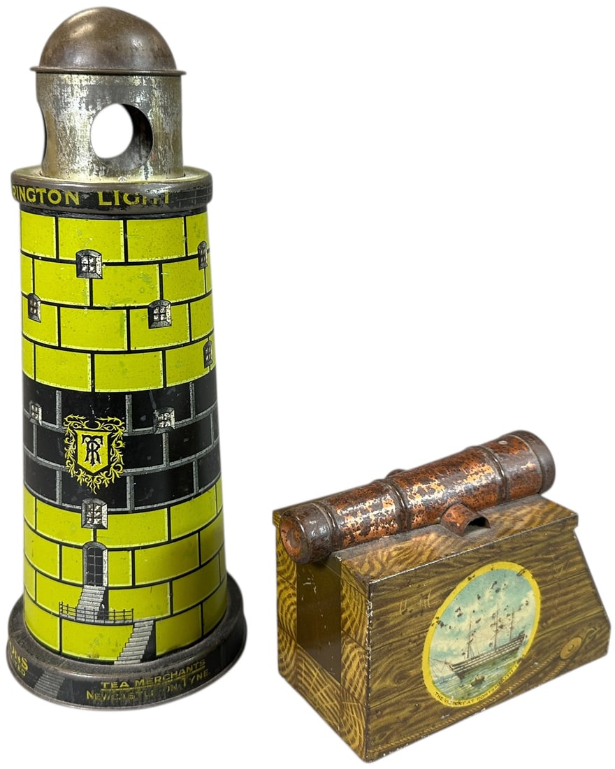 SHIP CANNON & LIGHTHOUSE BISCUIT TINS: 190. SHIP CANNON & LIGHTHOUSE BISCUIT TINS | Huntley Palmer cannon and Rington's Limited. Tea Merchants lighthouse. | 10.5" h. | Lighthouse has some spots darkened with marker where litho was worn (Ve