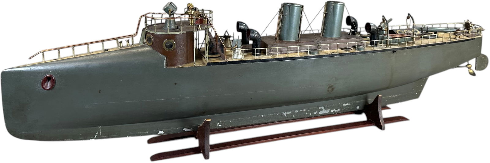 LIVE STEAM TORPEDO BOAT DESTROYER: 194. LIVE STEAM TORPEDO BOAT DESTROYER | World War I era torpedo boat destroyer with wooden hull, zinc keel and a tinplate superstructure that lifts off to reveal a large live steam boiler. Finely det