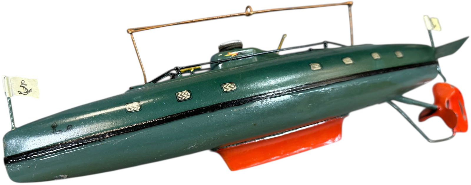 MEDIUM MARKLIN SUBMARINE: 200. MEDIUM MARKLIN SUBMARINE | Germany, wind-up motor. | 13" l. | Restoration along seam as is commonly found from repairing, otherwise (Excellent Condition) | $800 - $1,200