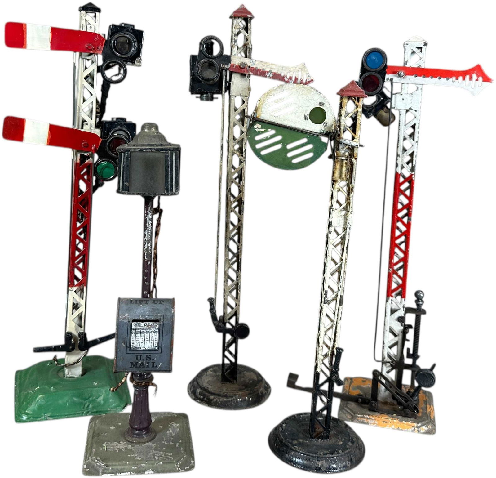 BING FOG SIGNAL, MAILBOX, & CARETTE SIGNALS: 218. BING FOG SIGNAL, MAILBOX, & CARETTE SIGNALS | 13.5" h. | Some repainting to flags, two top finials, and one base, overall (Very Good to Excellent Condition) | $300 - $600