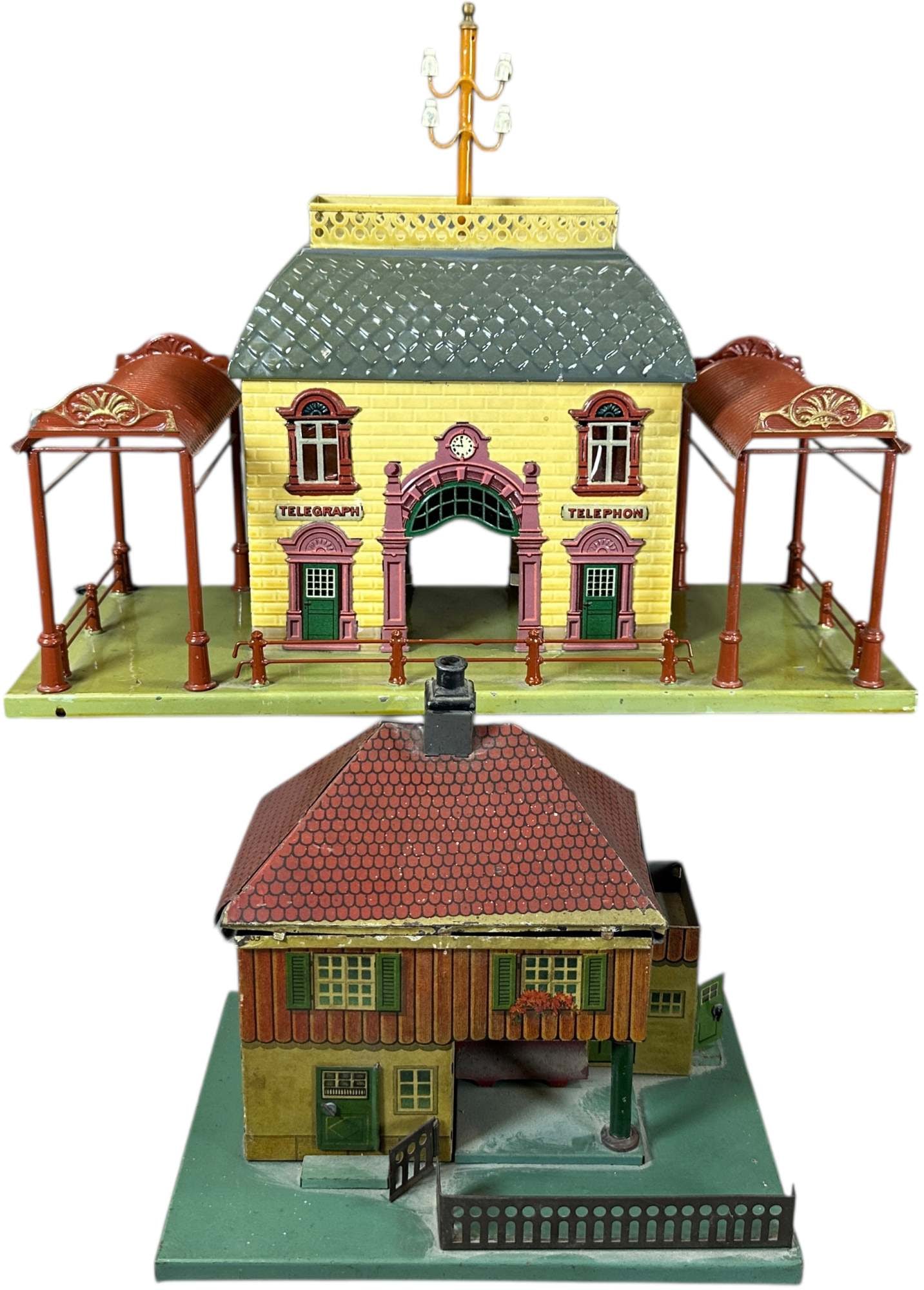 BING STATION & COUNTRY COTTAGE: 222. BING STATION & COUNTRY COTTAGE | Hand painted station, litho cottage. | 15.5 x 6.5" lw. | Roof on litho station loose, hand painted station is clear coated to protect original paint from flaking,