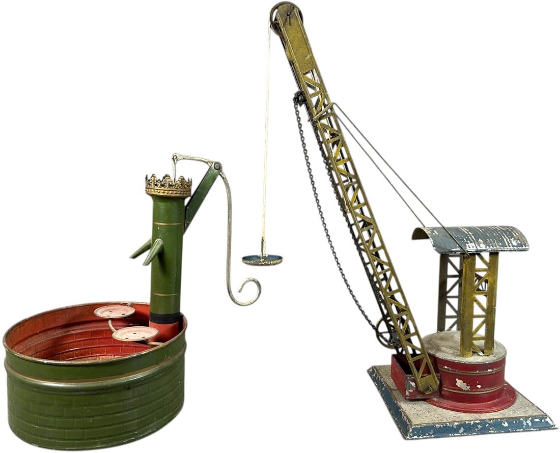 GERMAN WATER PUMP FOUNDTAIN & CRANE ACCESSORY: 224. GERMAN WATER PUMP FOUNDTAIN & CRANE ACCESSORY | Early German, hand painted. | 16" h. | Crane (Very Good Condition), fountain (Excellent Condition) | $300 - $500