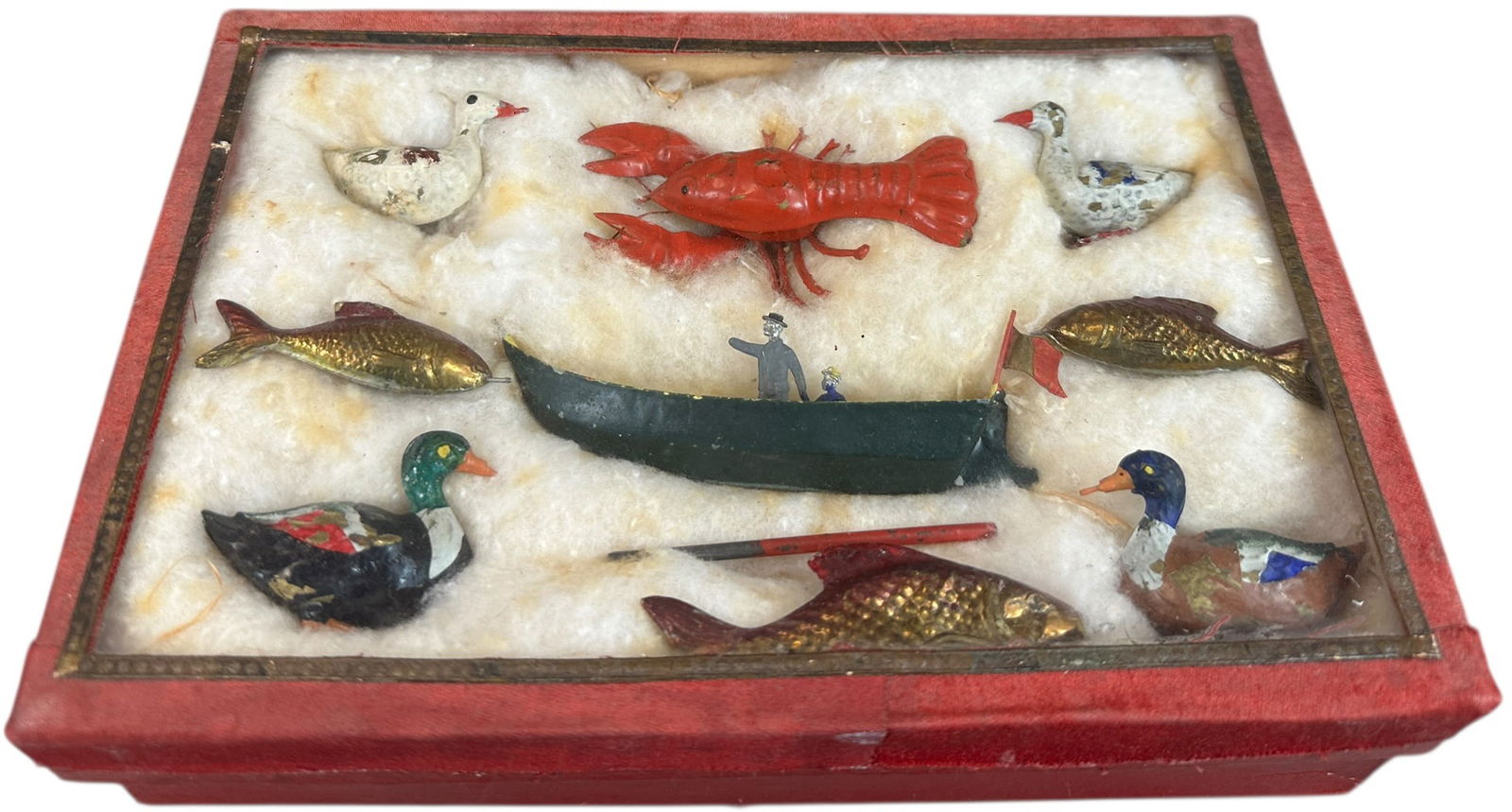 FLEISCHMANN BOXED MAGNETIC BATH TOY ANIMALS SET: 243. FLEISCHMANN BOXED MAGNETIC BATH TOY ANIMALS SET | 1908 catalog. | 3" l. lobster | Impressive set with magnetic pole,(Excellent Condition) | $250 - $500