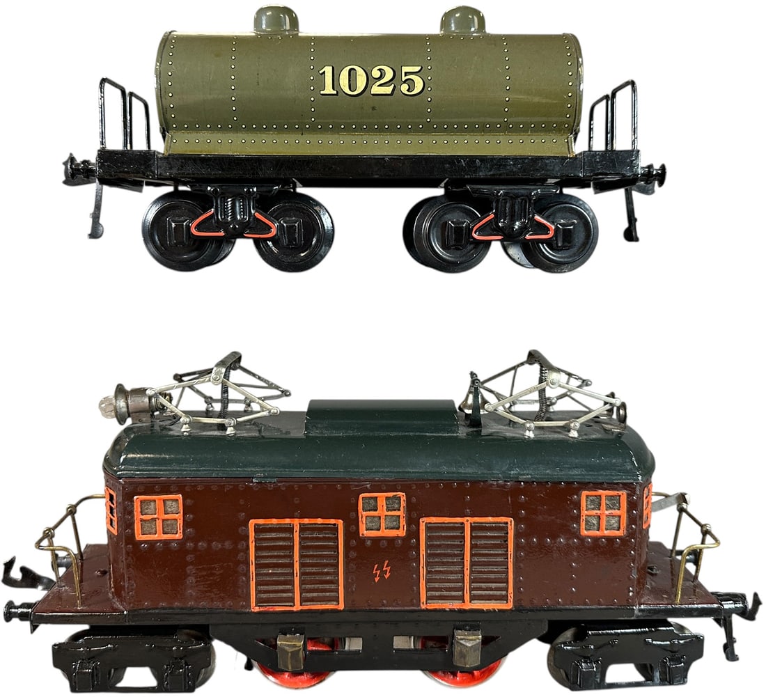 BING PENNSYLVANIA LOCOMOTIVE & TANK CAR: 270. BING PENNSYLVANIA LOCOMOTIVE & TANK CAR | Gauge 1, electric, hand painted loco with litho American market tank car. | 12.5" l. loco | (Pristine Condition) | $300 - $600