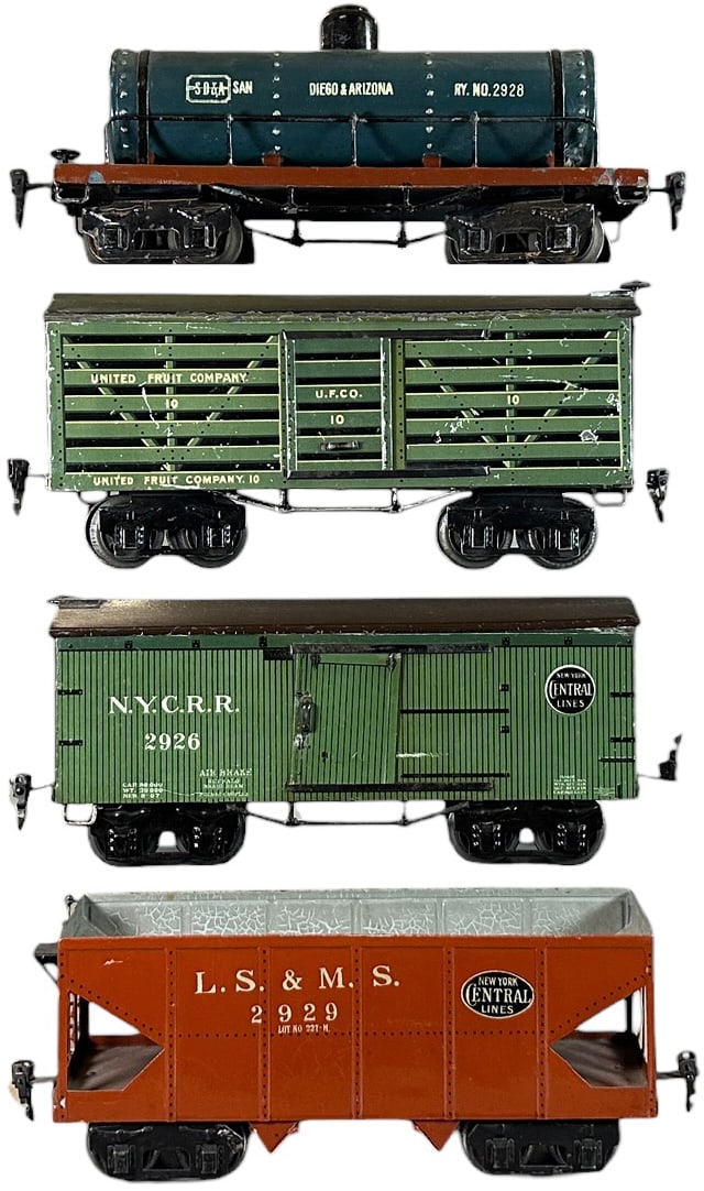 MARKLIN AMERICAN MARKET FREIGHT CARS: 279. MARKLIN AMERICAN MARKET FREIGHT CARS | Gauge 1, litho box cars with hand painted hopper and tank car. | 11" l. | Overall (Excellent Condition) | $350 - $700