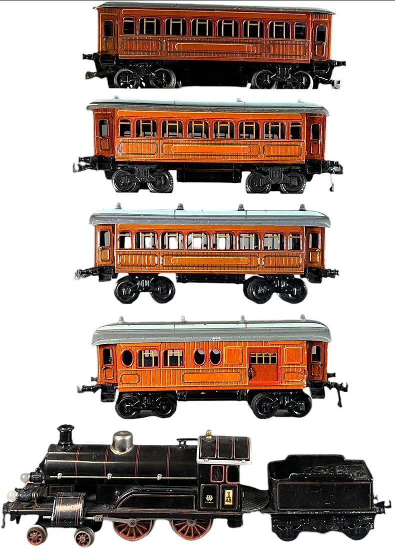 BING GAUGE 1 PASSENGER TRAIN SET: 281. BING GAUGE 1 PASSENGER TRAIN SET | Gauge 1, electric, litho. | 12" l. loco | Minor touch-up to small areas of three cars, (Excellent Condition) | $600 - $1,200