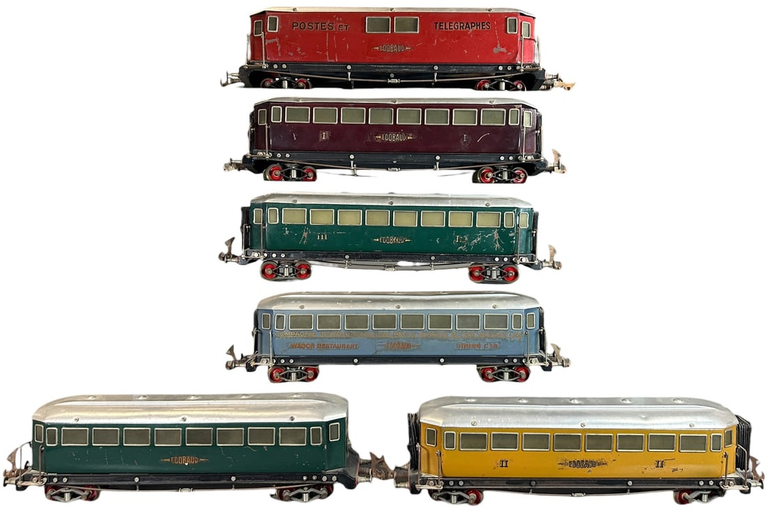 RARE EDOBAUD ELECTRIC COMMUTER TRAIN: 289. RARE EDOBAUD ELECTRIC COMMUTER TRAIN | Oversized O gauge, electric. | 16" l. each | Minor spots of touch-up on red car, overall (Very Good to Excellent Condition) | $400 - $800