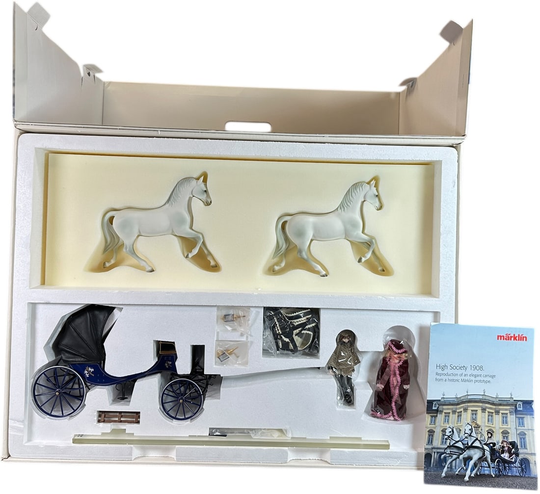 BOXED MARKLIN HORSE & CARRIAGE #16030: 309. BOXED MARKLIN HORSE & CARRIAGE #16030 | 13" l. carriage | Authentic Marklin re-issue, (Near Mint Condition) | $200 - $400