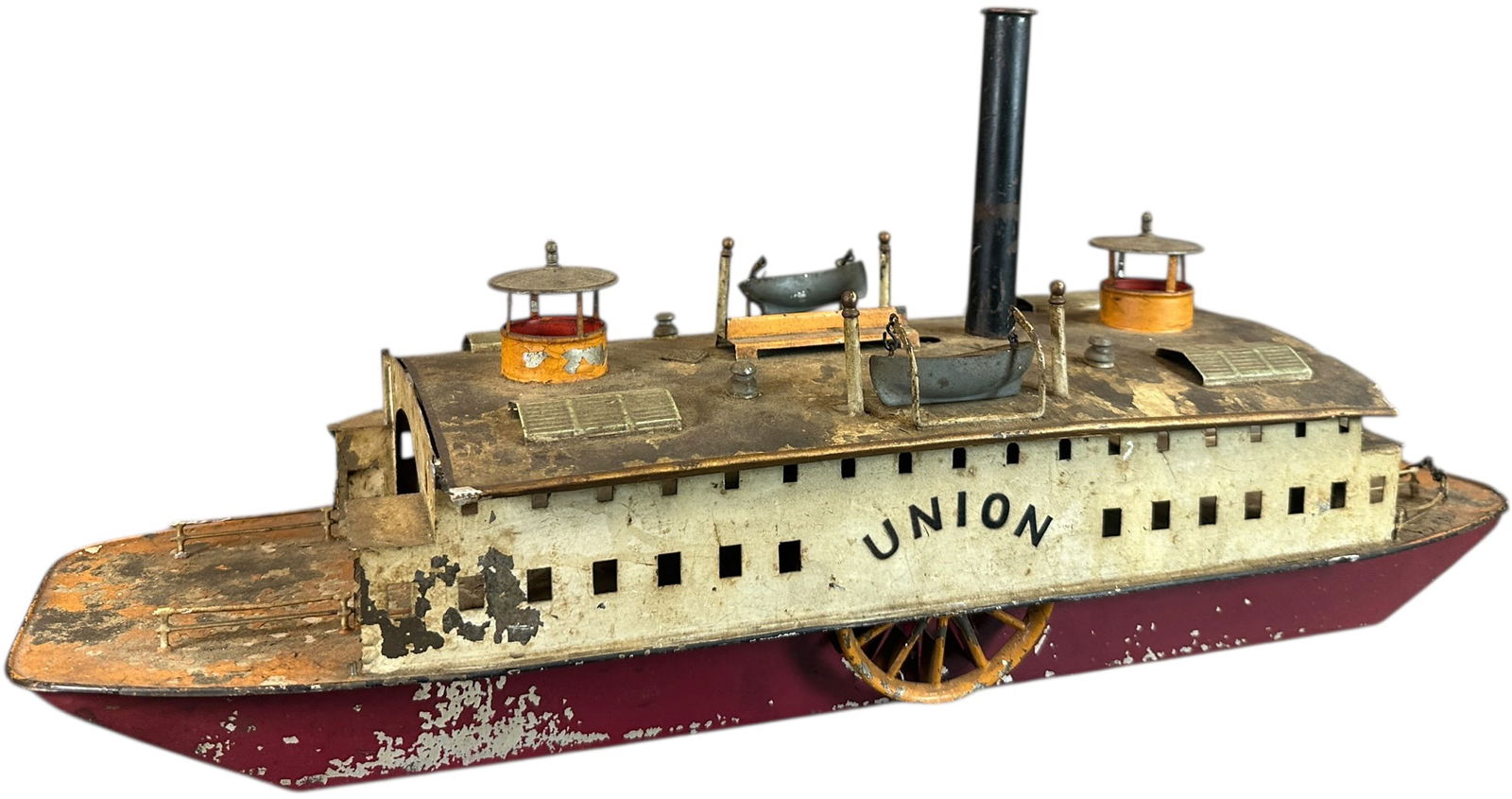 GERMAN FERRY BOAT UNION: 316. GERMAN FERRY BOAT UNION | Possibly Fleischmann or Bing. | 20" l. | Original paint is flaked and needs cleaning, rudder is absent, (Very Good Condition) | $400 - $700