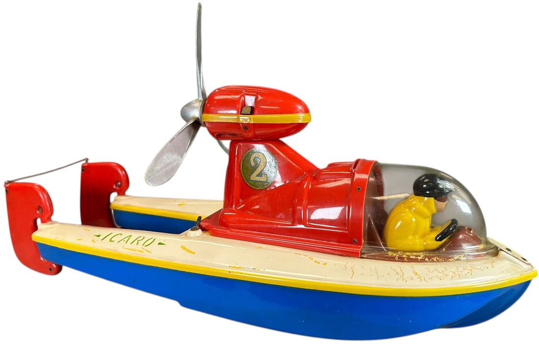 VENTURA ICARO BATTERY-OP SPEED BOAT: 321. VENTURA ICARO BATTERY-OP SPEED BOAT | c. 1950's. | 20" l. | Original prop needs to be reattached, overall (Excellent Condition) | $300 - $600