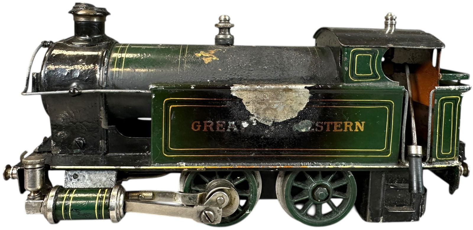 MARKLIN GREAT WESTERN LIVE STEAM LOCOMOTIVE: 336. MARKLIN GREAT WESTERN LIVE STEAM LOCOMOTIVE | O gauge, live steam, hand painted. | 10" l. loco | Typical burning to boiler and tanks, otherwise paint is all authentic in (Excellent Condition) | $