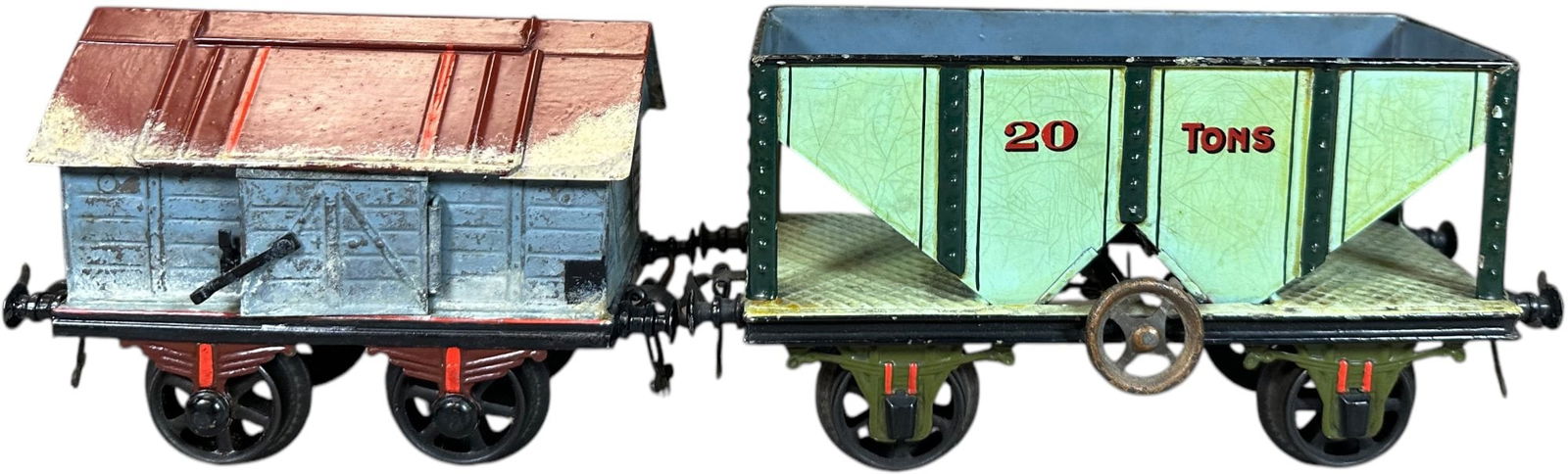 HAND PAINTED BING FREIGHT WAGONS: 345. HAND PAINTED BING FREIGHT WAGONS | Gauge 2, hand painted. | 7.5" l. | Some minor areas of touch-up to lime wagon, overall(Excellent to Pristine Condition) | $300 - $500