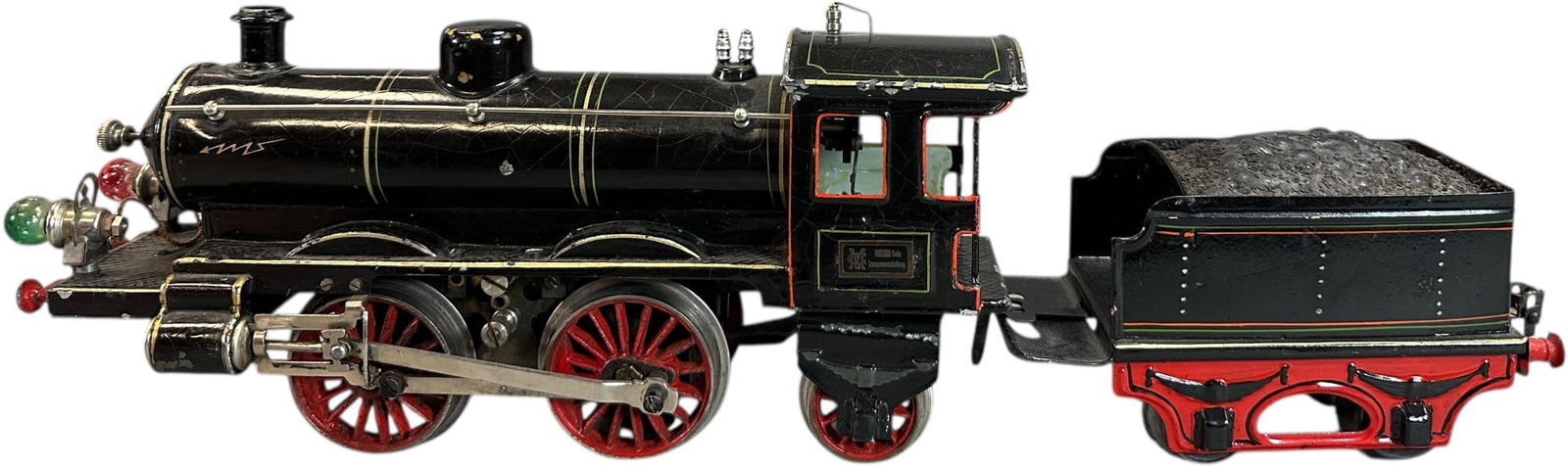 MARKLIN ELECTRIC D LOCOMOTIVE: 366. MARKLIN ELECTRIC D LOCOMOTIVE | Gauge 1, electric, hand painted. | 10.5" l. loco | Touch-up to boiler front, top of stack and dome, and tiny spot on side of cab below plate, otherwise(Excellent t