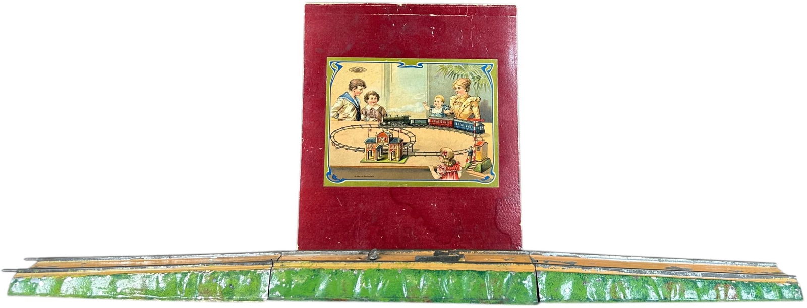 SCARCE ISSMAYER BRIDGE W/ SWITCH & BELL: 371. SCARCE ISSMAYER BRIDGE W/ SWITCH & BELL | Two ramps and center section with brake and wind-up bell. Hand painted and rare accessory with colorful box lid and instructions for use. Ex: Bill Becker