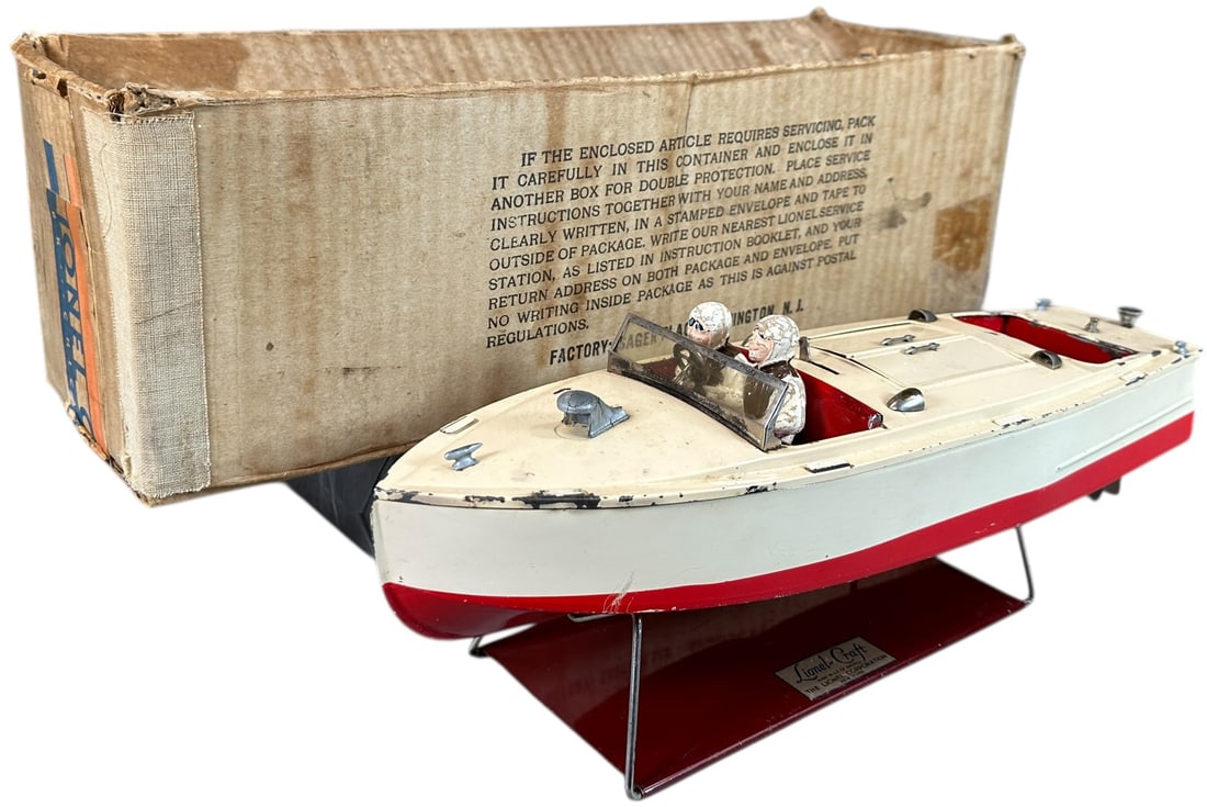 BOXED LIONEL #43 SPEEDBOAT: 397. BOXED LIONEL #43 SPEEDBOAT | 18" l. | Original box is complete with expected amount of wear, original figures in boat, (Very Good Condition) | $700 - $1,100