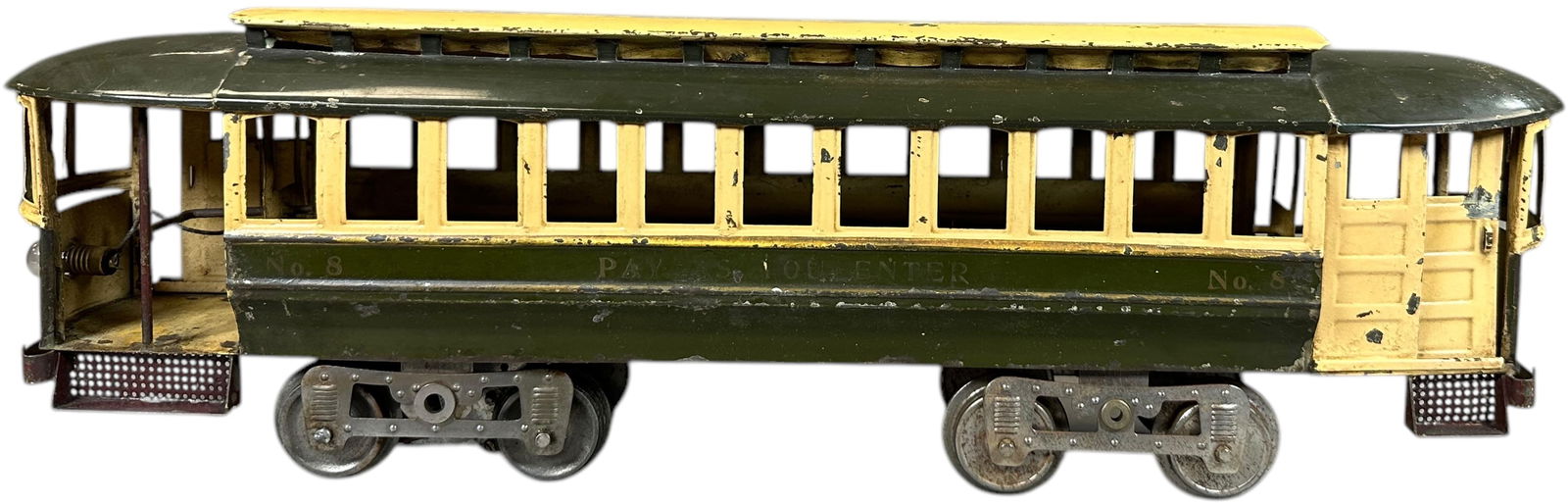 LIONEL NO.8 PAY-AS-YOU-ENTER TROLLEY: 426. LIONEL NO.8 PAY-AS-YOU-ENTER TROLLEY | 20" l. | Authentic car has some areas of professional restoration, still in (Excellent Condition) | $1,000 - $2,000