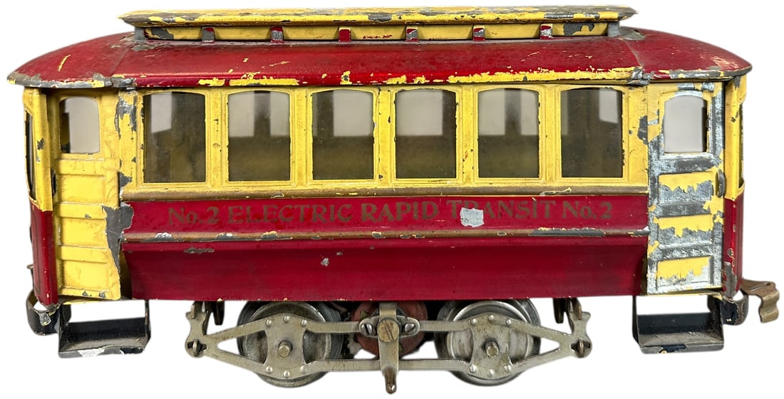 LIONEL CLOSED END NO.2 TROLLEY: 428. LIONEL CLOSED END NO.2 TROLLEY | Standard gauge, electric. | 10.5" l. | All original with moderate playwear, overall trolley is above (Very Good Condition) | $1,000 - $2,000