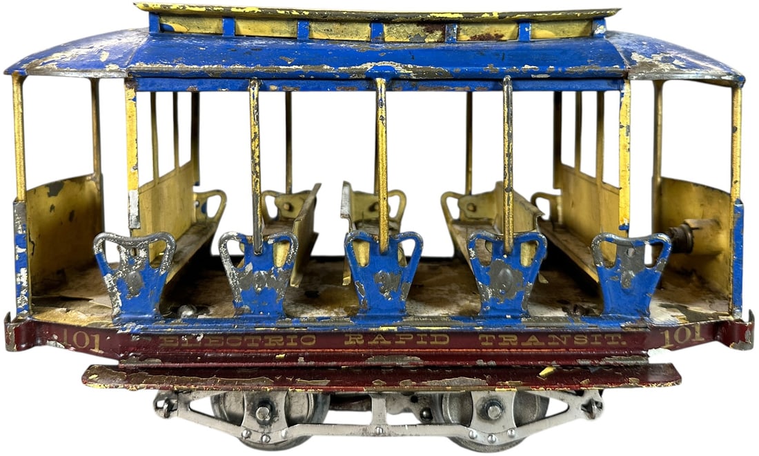 LIONEL NO.101 SUMMER TROLLEY: 429. LIONEL NO.101 SUMMER TROLLEY | Standard gauge, electric. Provenance: Bradley Kaplan Collection. | 10.5" l. | All original with moderate playwear, overall in above (Very Good Condition) for this p