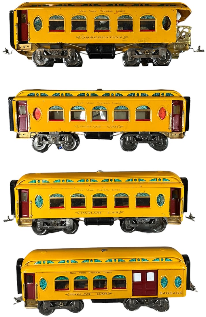 EARLY LIONEL ORANGE PASSENGER CARS: 485. EARLY LIONEL ORANGE PASSENGER CARS | Standard gauge. | 16" l. each | Repainted, some small holes added to floors of two cars, displays in (Excellent Condition) | $300 - $600
