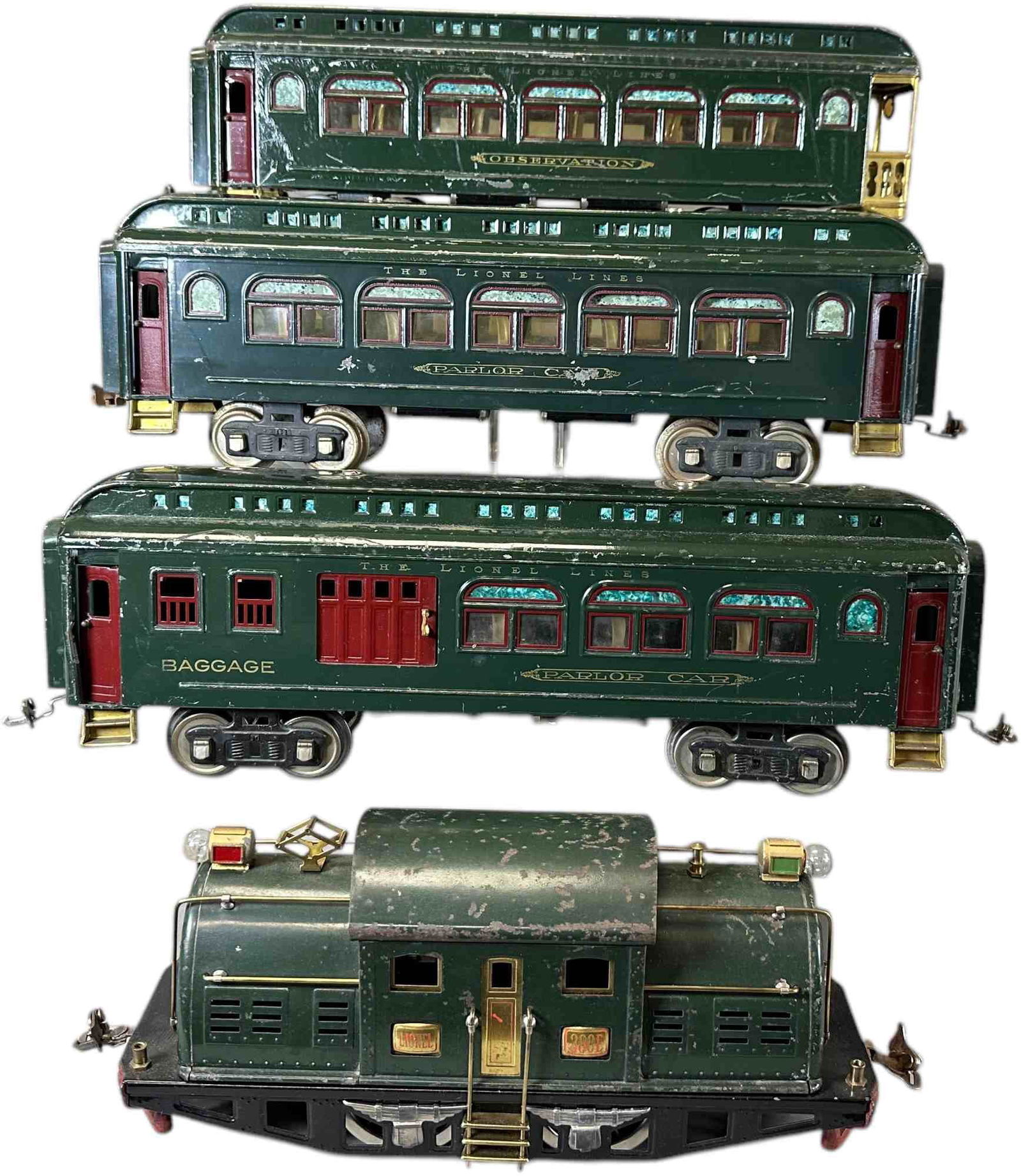 LIONEL 380E PASSENGER TRAIN SET: 492. LIONEL 380E PASSENGER TRAIN SET | Standard gauge. | 12" l. loco | Drive wheels replaced, loco frame restored, overall (Very Good Condition) | $250 - $500