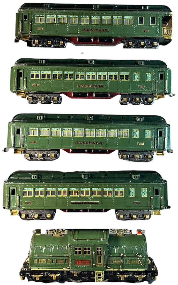 LIONEL 381E STATE SET: 496. LIONEL 381E STATE SET | Standard gauge. | 17.5" l. loco | One car missing two door handles, loco wheels replaced, some bubble wrap marks to Illinois car roof, California car and New York Car have