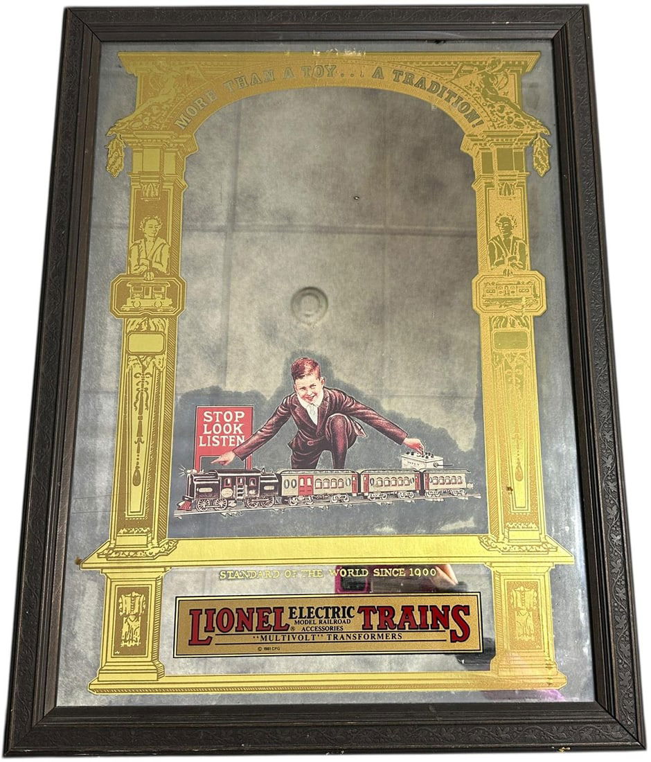 LIONEL TRAINS DECORATIVE MIRROR: 500. LIONEL TRAINS DECORATIVE MIRROR | 24 x 18" lw | Small blemish on glass towards middle of mirror, general wear, (Very Good Condition) | $100 - $200