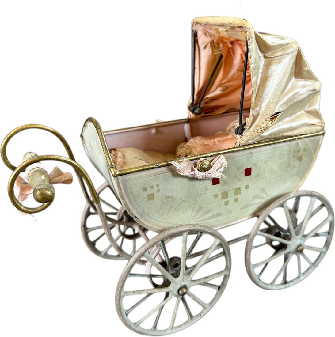 PINK MARKLIN BABY CARRIAGE: 127. PINK MARKLIN BABY CARRIAGE | Germany. Provenance: The Maloy Collection. | 8" l. | Impressive all original piece is well preserved, expected age related wear to authentic canopy, (Pristine to Near