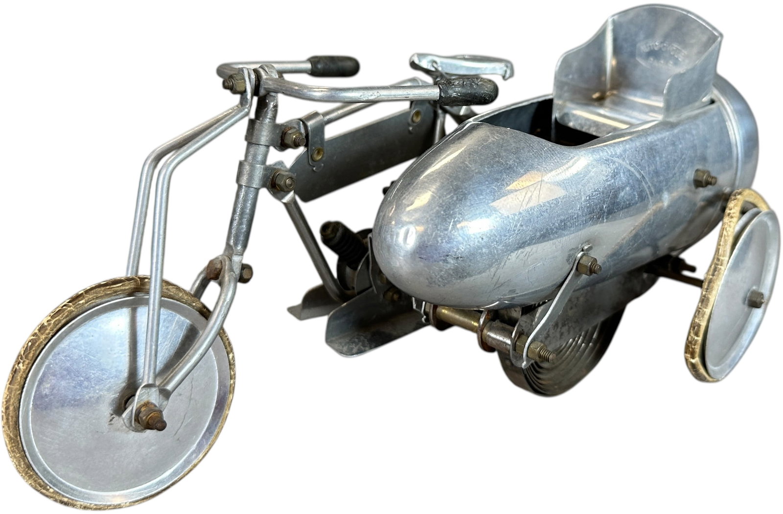 FONTAINE-RIGOT CYCLE W/ SIDECAR: 1113. FONTAINE-RIGOT CYCLE W/ SIDECAR | France, wind-up motor. | 9.5 " l. | Original rubber tires show some distress on sidecar, overall (Excellent to Pristine Condition) | $300 - $500