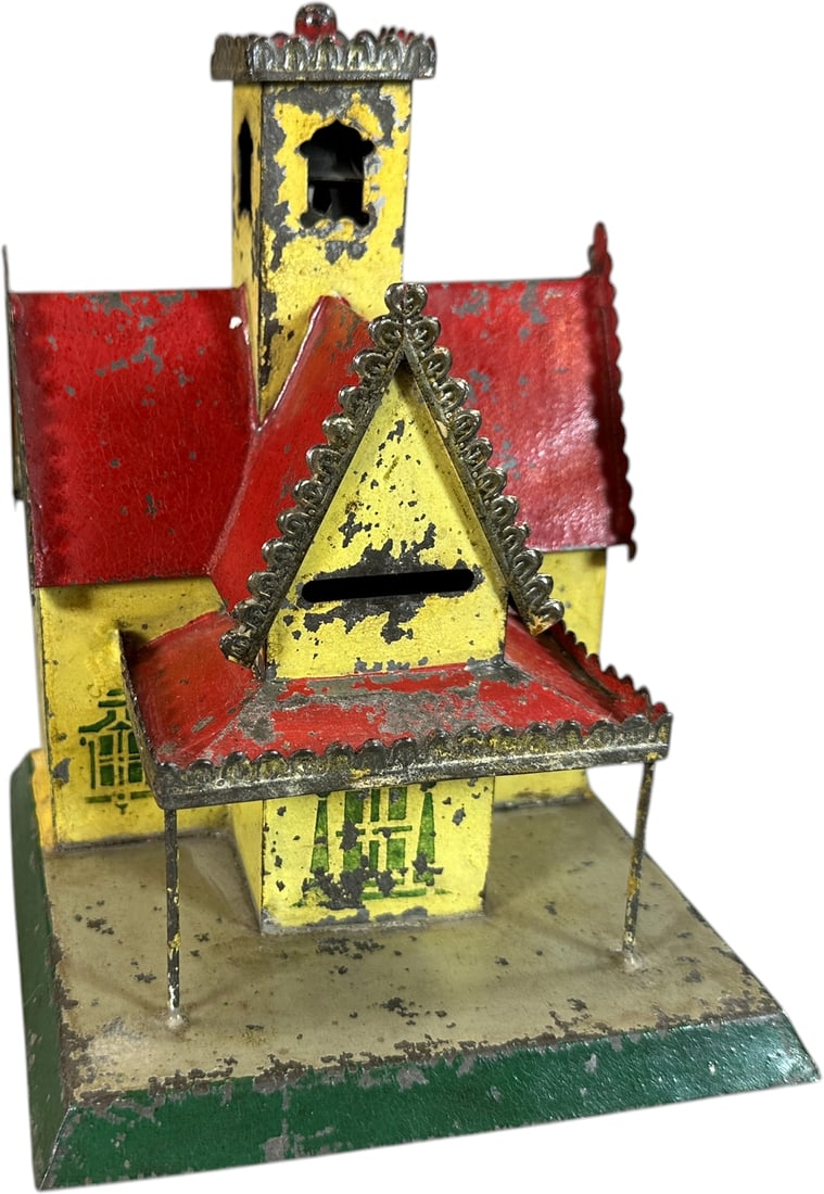 GEORGE BROWN COTTAGE W/ TOWER BANK: 1378. GEORGE BROWN COTTAGE W/ TOWER BANK | Ex: Barenholtz Collection. | 7" h. | Red (roof) paint enhancement (Excellent Condition) for this very early piece. | $600 - $900