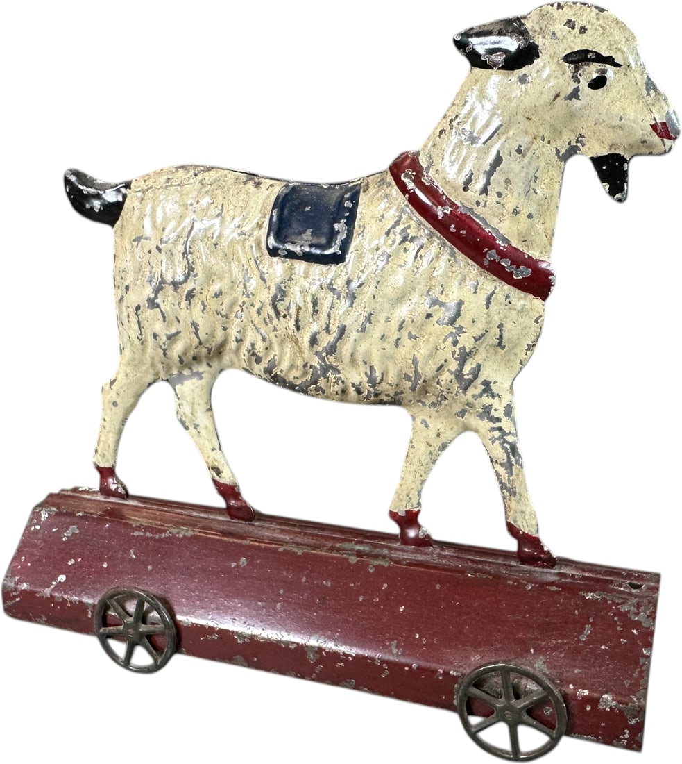 GEORGE BROWN GOAT ON PLATFORM: 1394. GEORGE BROWN GOAT ON PLATFORM | Provenance: The Maloy Collection. | 7.5" l. | Red base is overpainted, the goat is primarily authentic with very nicely blended paint enhancement where was worn, 