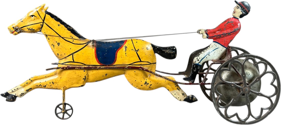 GEORGE BROWN JOCKEY ON HORSE BELL CHIMER: 1419. GEORGE BROWN JOCKEY ON HORSE BELL CHIMER | Provenance: The Maloy Collection. | 13" l. | Professionally restored and aged, displays as (Excellent Condition) | $500 - $1,000