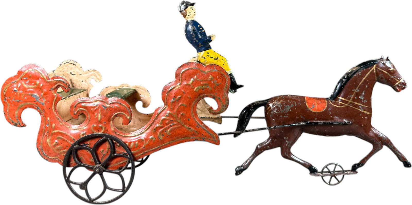 ELABORATE GEORGE BROWN CHARIOT & DRIVER: 1426. ELABORATE GEORGE BROWN CHARIOT & DRIVER | Provenance: The Maloy Collection. | 17.5" l. | Professionally restored and aged to display in (Excellent Condition) | $600 - $1,000