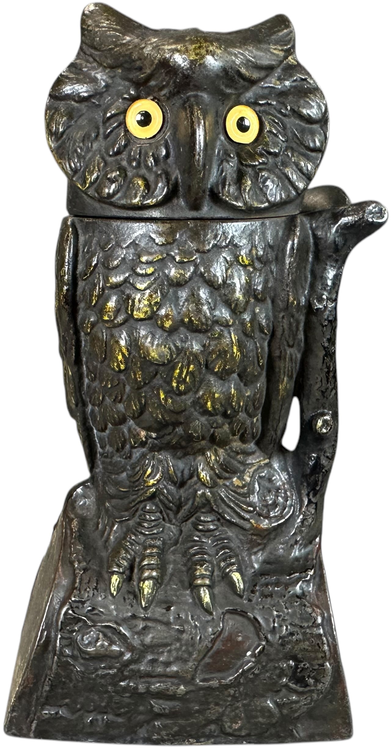 OWL TURN HEAD MECHANICAL BANK: 1438. OWL TURN HEAD MECHANICAL BANK | J&E Stevens Co. | 7.5" h. | Needs a deep cleaning, (Very Good to Excellent Condition) | $400 - $600