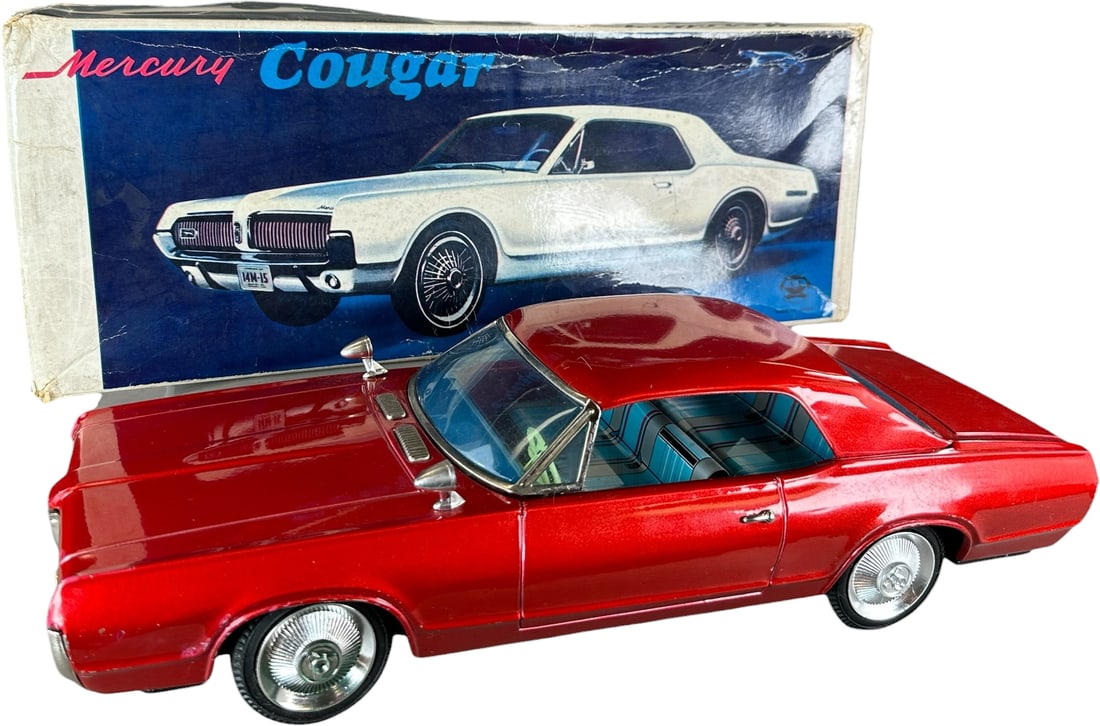 BOXED ASAKUSA 1967 MERCURY COUGAR: 24. BOXED ASAKUSA 1967 MERCURY COUGAR | Japan. Battery operation needs attention to function. Provenance: Lenny Hummel Collection. | 15" l. | Some creases in box lid, tape repair to inside of battery 