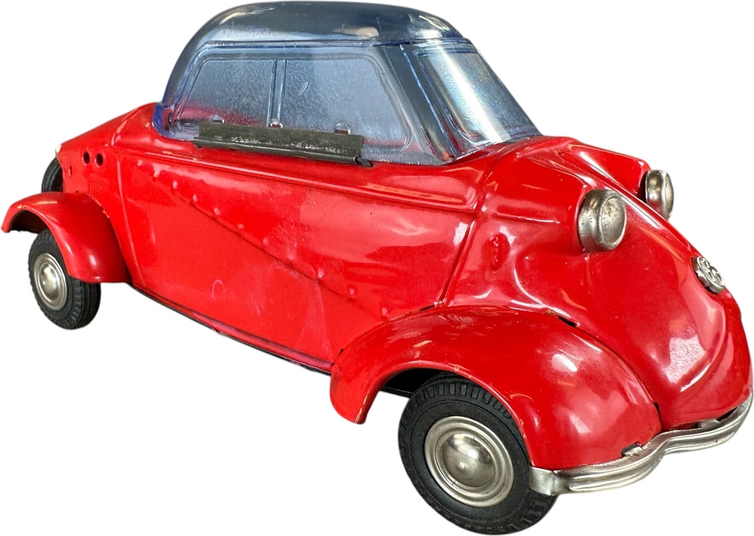 BANDAI MESSERSCHMITT AUTO TG 500: 57. BANDAI MESSERSCHMITT AUTO TG 500 | Japan. Working friction motor. Provenance: Lenny Hummel Collection. | 8.5" l. | Some touchup to driver's side door, otherwise (Excellent Condition) | $300 - $400