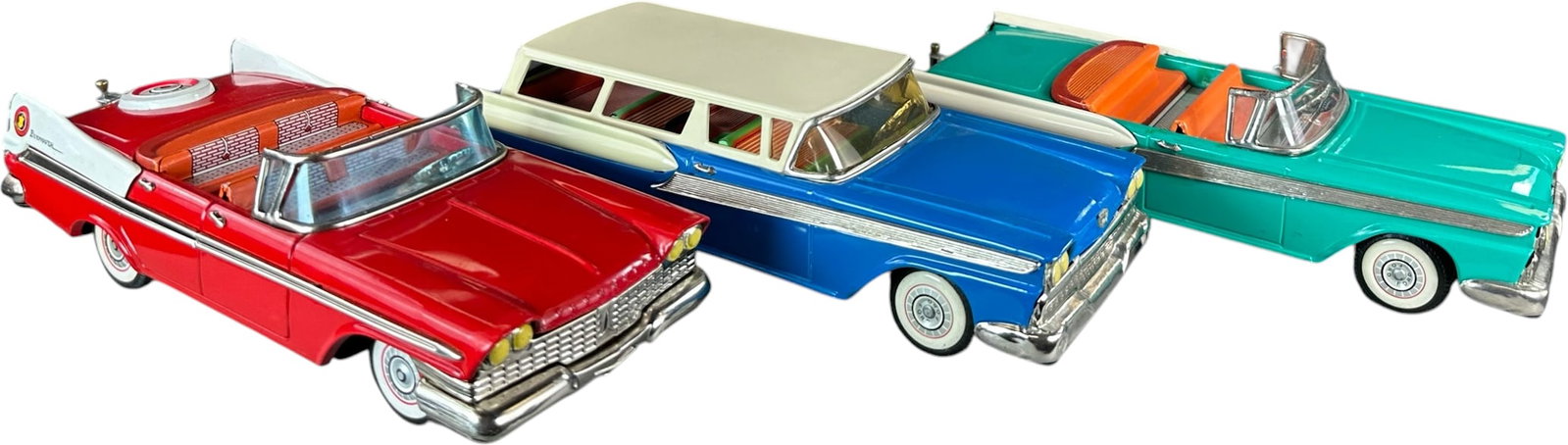 ALPS PLYMOUTH BELVEDERE & TWO FORD FAIRLANES: 83. ALPS PLYMOUTH BELVEDERE & TWO FORD FAIRLANES | Japan. Working friction motors on Fords. Provenance: Ira Bernstein Collection. | 11" l. | Plymouth has factory touchups and an inoperative motor, oth