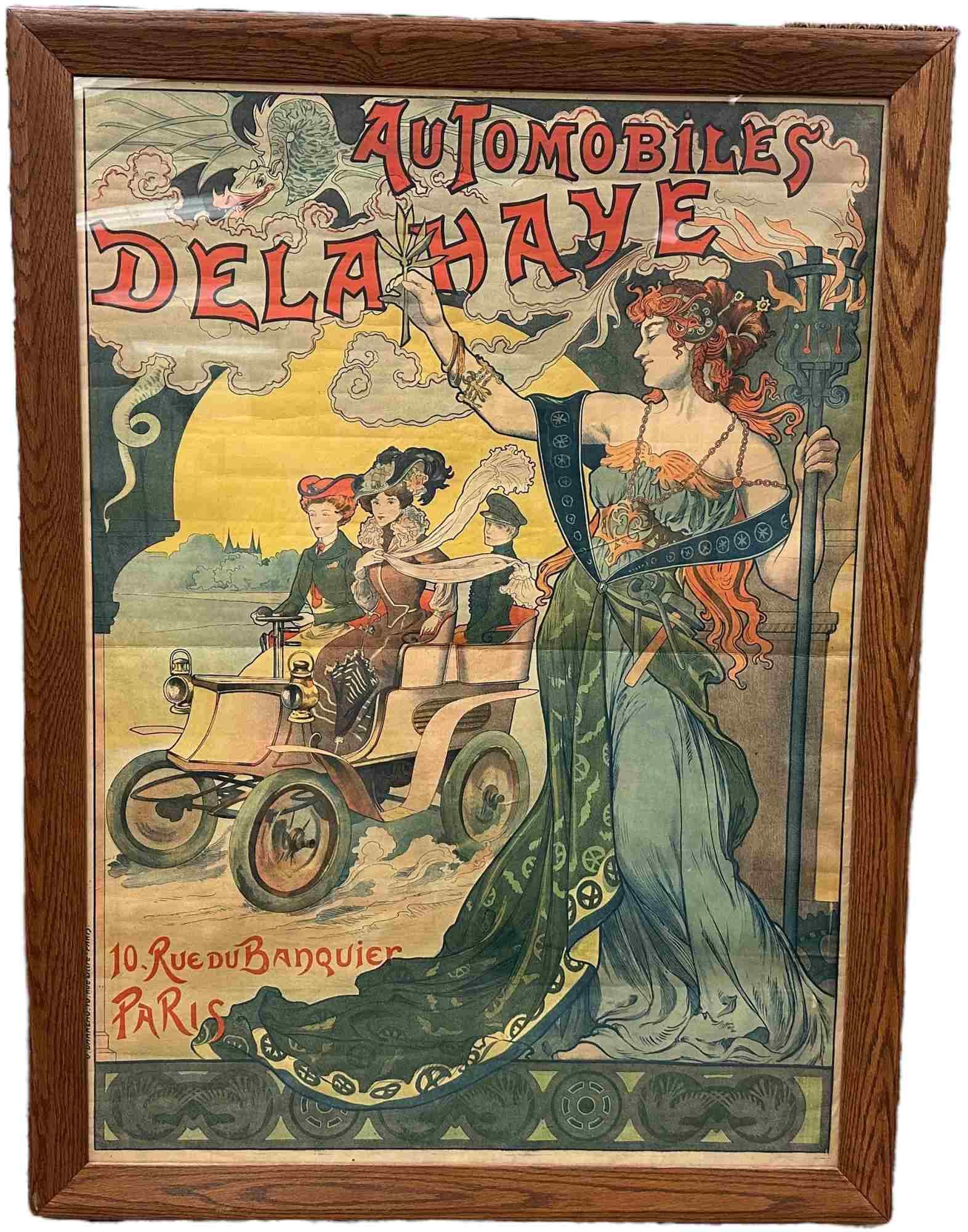 AUTOMOBILES DELAHAYE ADVERTISING POSTER: 108. AUTOMOBILES DELAHAYE ADVERTISING POSTER | Scarce poster circa 1900, depicting an elegant open touring car carrying fashionable passengers beneath the watchful figure of a classical allegorical wo