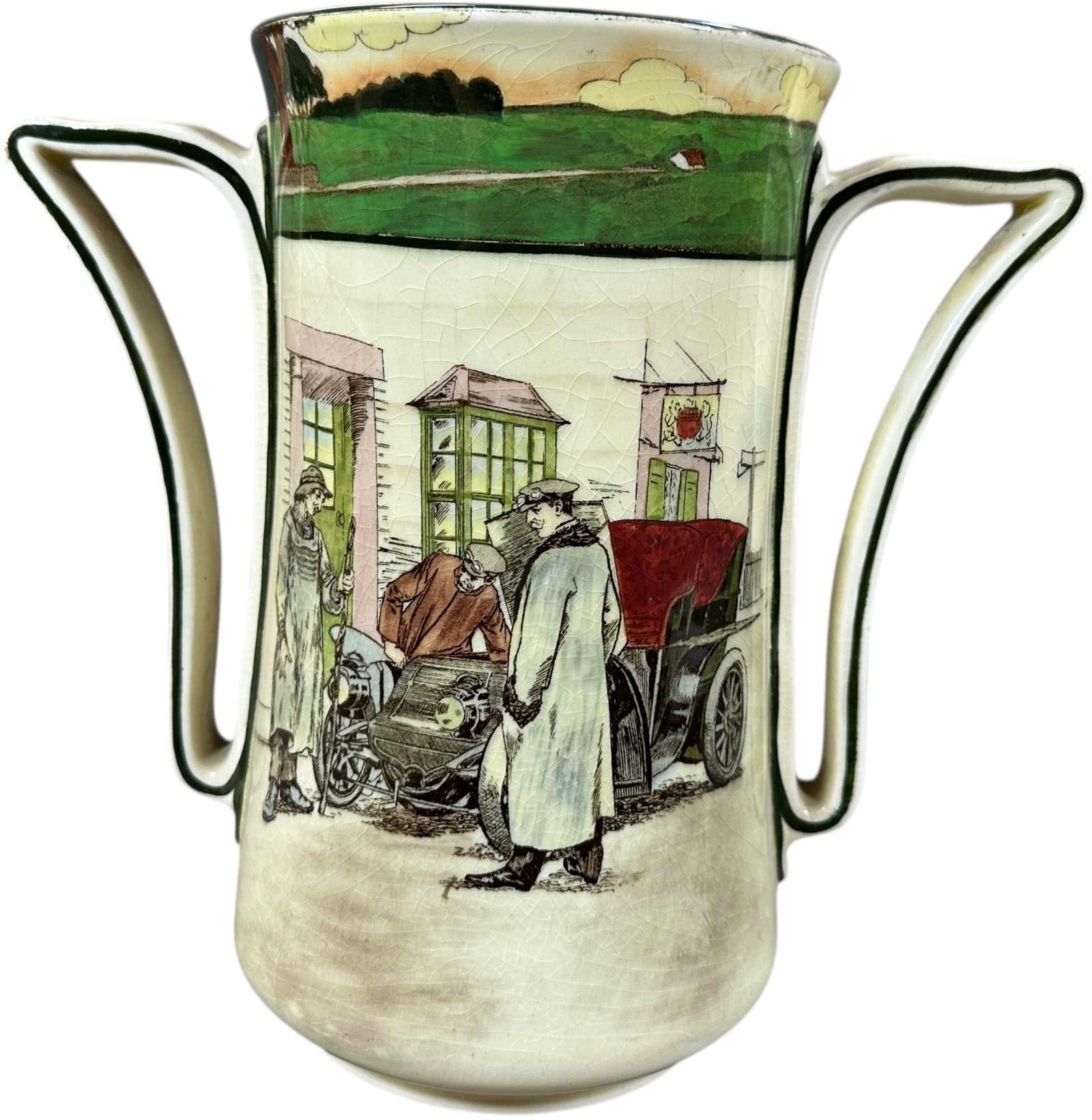 ROYAL DOULTON MOTORING SERIES WARE FLOWER VASE: 200. ROYAL DOULTON MOTORING SERIES WARE FLOWER VASE | Patterns include 'Blood Money' and Untitled - commonly known as 'Yokel and motorist outside Chequers Inn.' From the David Bausch Automobilia