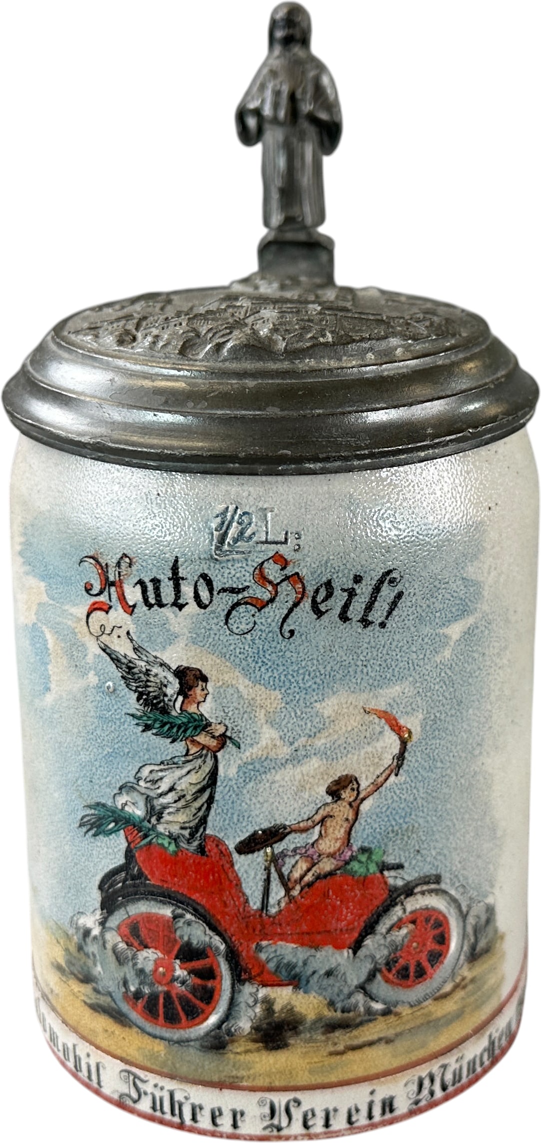 AUTO-HEIL COMMEMORATIVE BEER STEIN: 207. AUTO-HEIL COMMEMORATIVE BEER STEIN | Germany, circa 1905?1915. Porcelain beer stein with pewter-mounted lid commemorating an early automobile club, featuring an allegorical winged figure riding