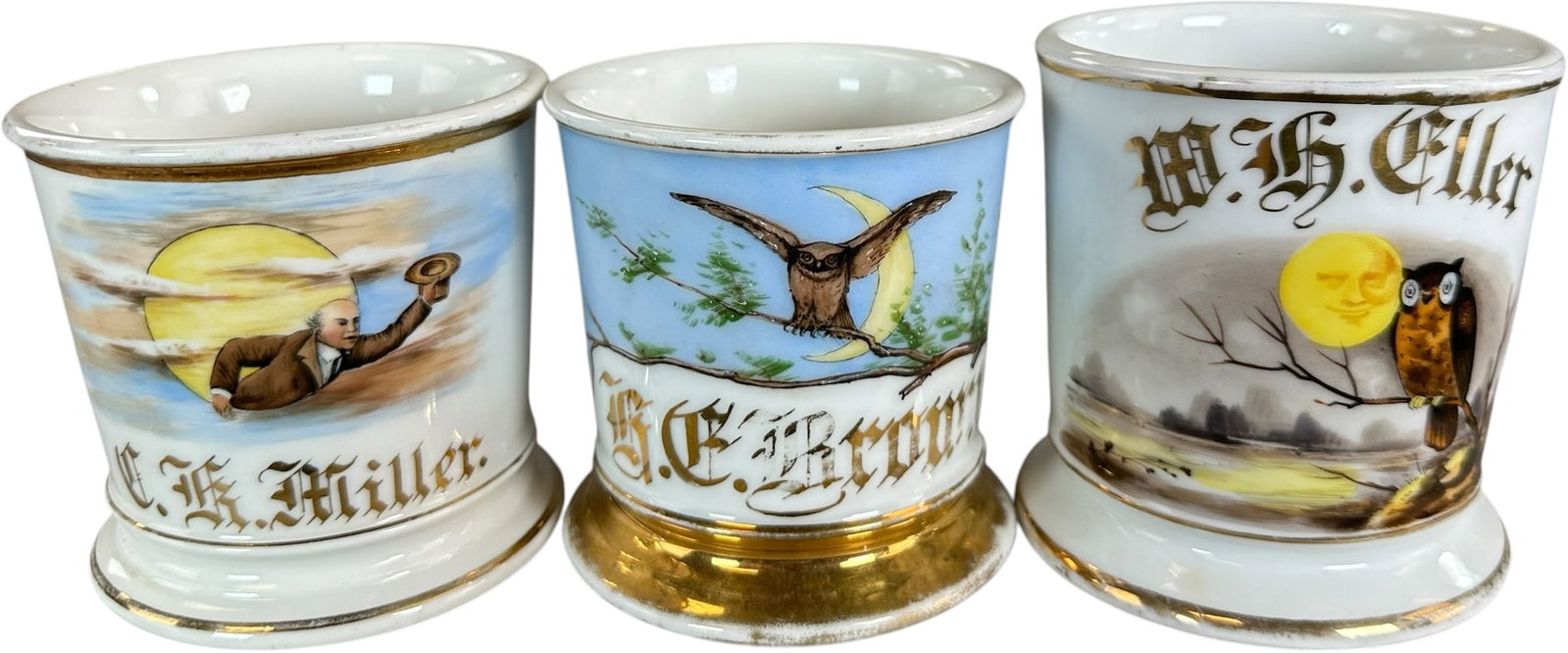 OWL & MOON OCCUPATIONAL SHAVING MUGS: 231. OWL & MOON OCCUPATIONAL SHAVING MUGS | Occupational shaving mugs were personalized for regular patrons and kept at the barber shop for repeated use. Hand-painted scenes identifying the owner's