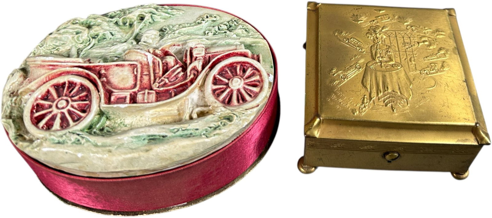 PAIR OF AUTOMOBILE SOUVENIR BOXES: 248. PAIR OF AUTOMOBILE SOUVENIR BOXES | Includes a papier-m?ch? trinket box with embossed touring automobile lid and printed inscription, "Banquet of the Motor and Accessory Manufacturers, January 5t