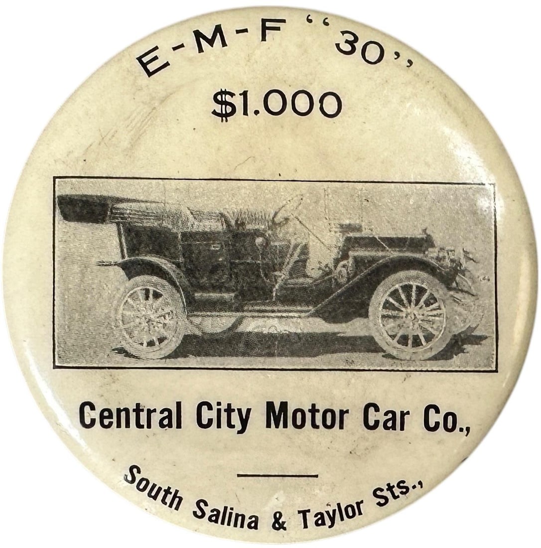 CENTRAL CITY MOTOR CAR CO POCKET MIRROR: 262. CENTRAL CITY MOTOR CAR CO POCKET MIRROR | Early Automobile Advertising Celluloid for Central City Motor Car Co., featuring an early touring automobile, a "$1,000" promotional prize, and the deale