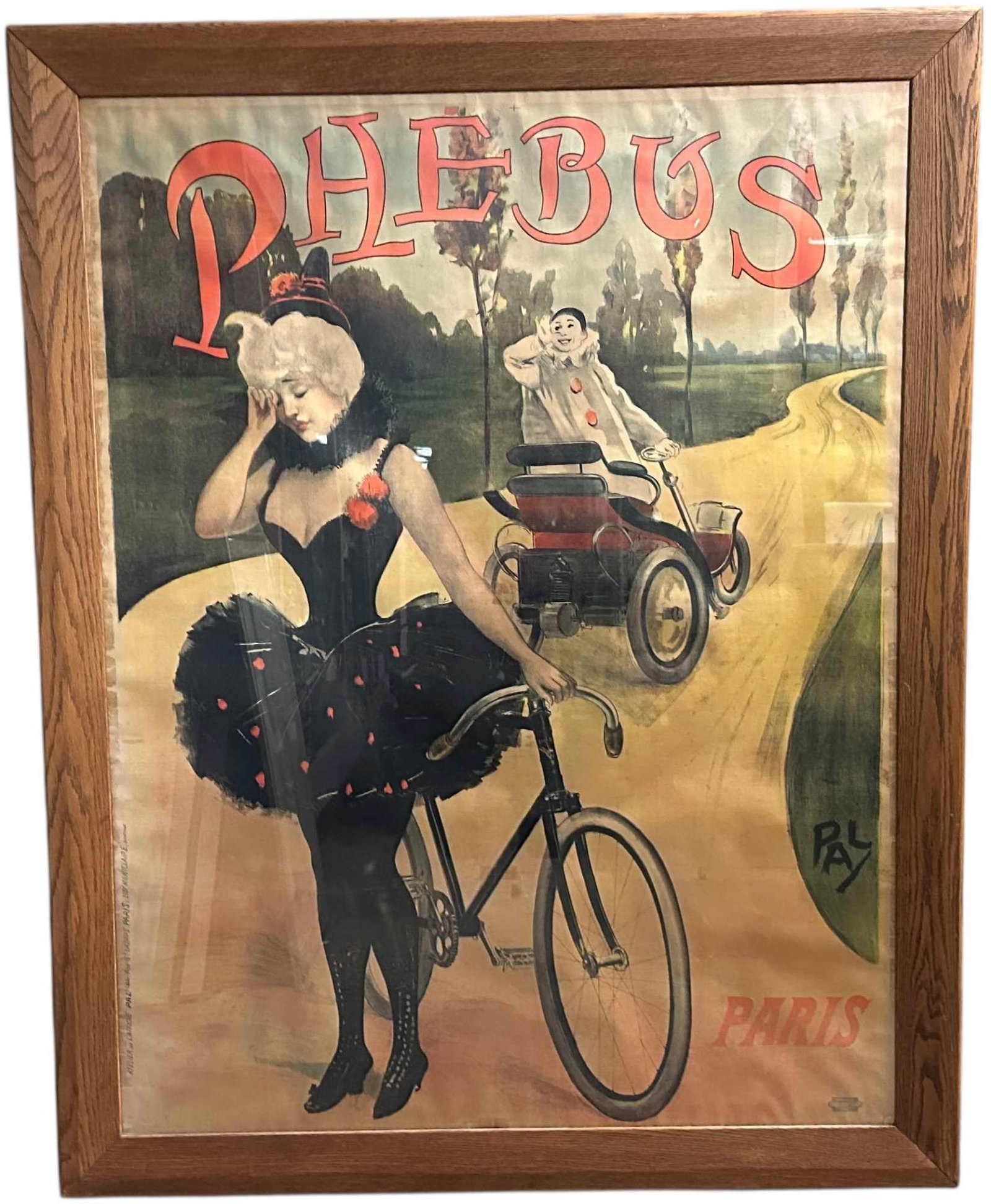 CIRCA 1900 PHOEBUS ADVERTISING POSTER: 265. CIRCA 1900 PHOEBUS ADVERTISING POSTER | Lithographed poster by Play, Paris, depicting a fashionable bicyclist resting in disappointment as the cheerful driver of a lightweight motorcar waves whil