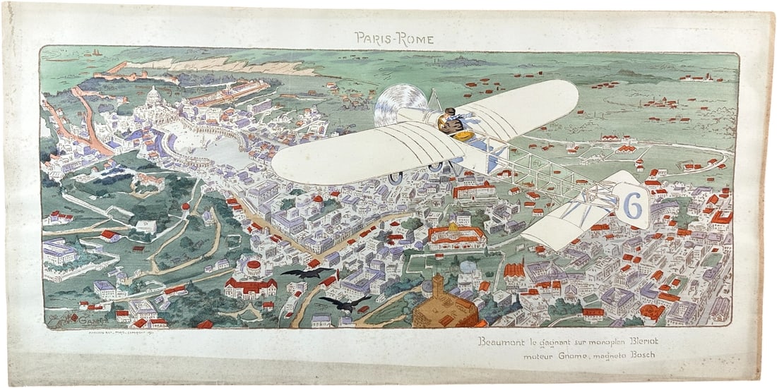 GAMY PARIS-ROME LITHOGRAPH PRINT: 293. GAMY PARIS-ROME LITHOGRAPH PRINT | French lithograph print, Marguerite "Gamy" Montaut (1883 ? 1936). Signed L.L.: "Gamy''. Mabileau & Co. Paris Copyright 1911. L.R. Beaumont le Gagnant sur Monopl