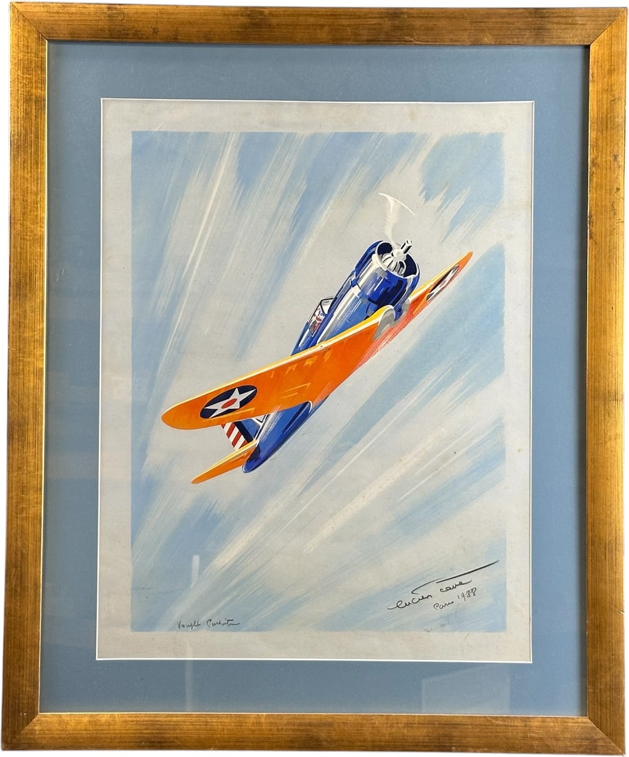 VAUGHT PURSUIT PLANE USA ARMY AIR CORP: 333. VAUGHT PURSUIT PLANE USA ARMY AIR CORP | Original Paris painting signed and dated 1938, | 26.5" l. x 32.5" h. | Very slight discoloration in small areas, otherwise (Excellent Condition) | $200 -