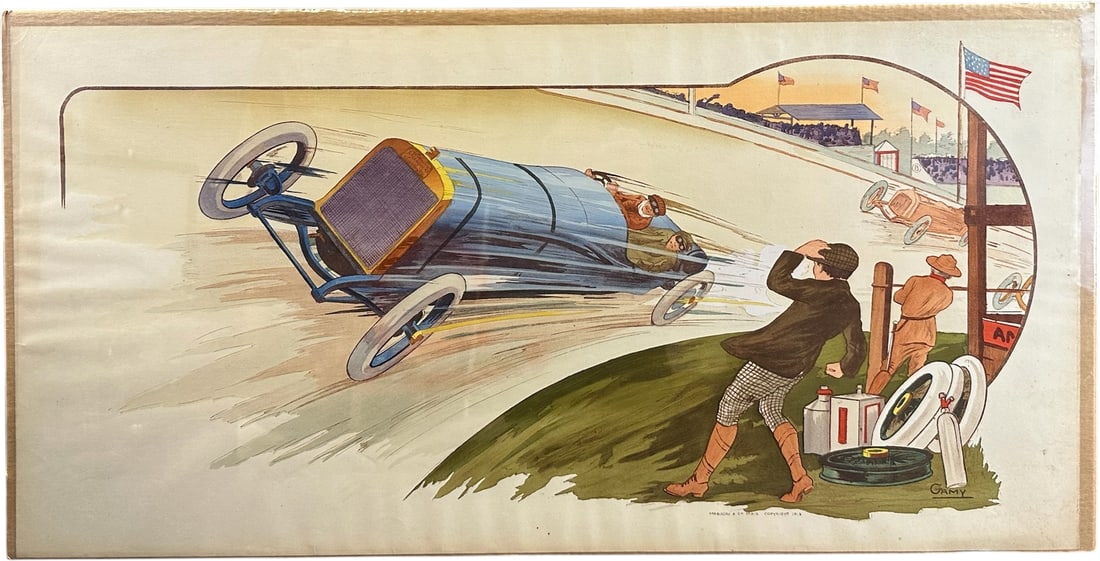 GAMY INDIANAPOLIS 500 1913 LITHOGRAPH PRINT: 383. GAMY INDIANAPOLIS 500 1913 LITHOGRAPH PRINT | French lithograph print, Marguerite "Gamy" Montaut (1883 ? 1936). Depicts Peugeot race cars on a track with pit area, stands, and American flags. Han
